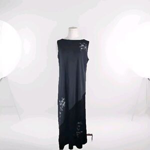 Vtg Black Embroidered Maxi Dress Velvet Burnout Whimsigoth Grannycore Large